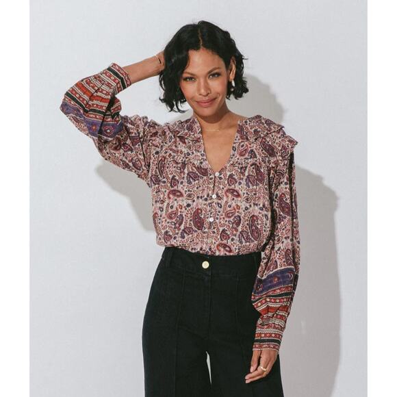 Cleobella Samara Multi Blouse Paisley Ruffle Split Neck Button Front Size Medium - Picture 1 of 12